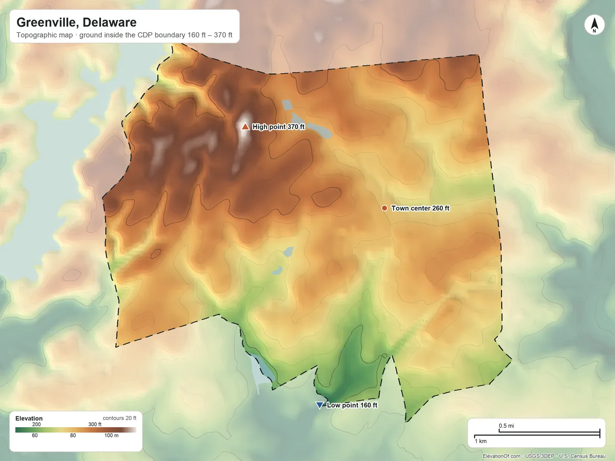 Topographic elevation map of Greenville, Delaware, shaded from 160 ft on the south side to 370 ft on the northwest side