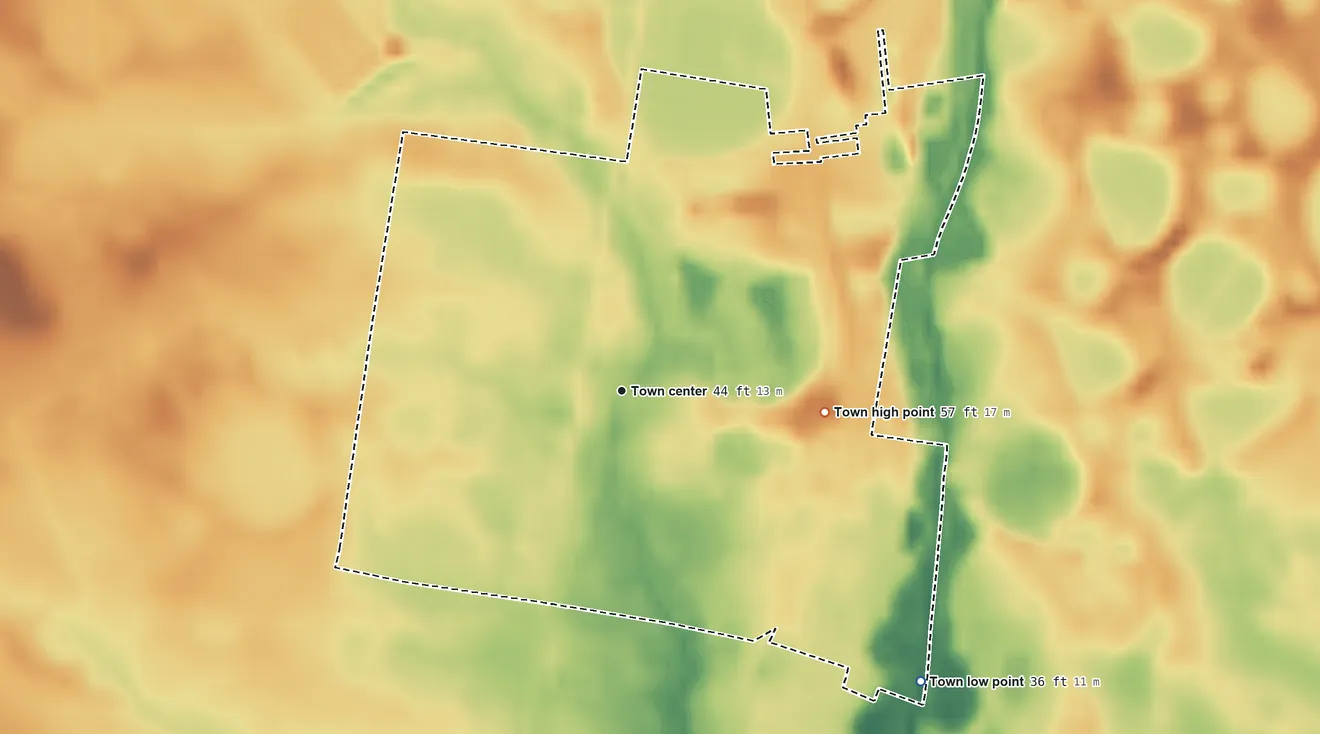 Topographic elevation map of Greenwood, Delaware, shaded from 36 ft on the southeast side to 57 ft on the east side