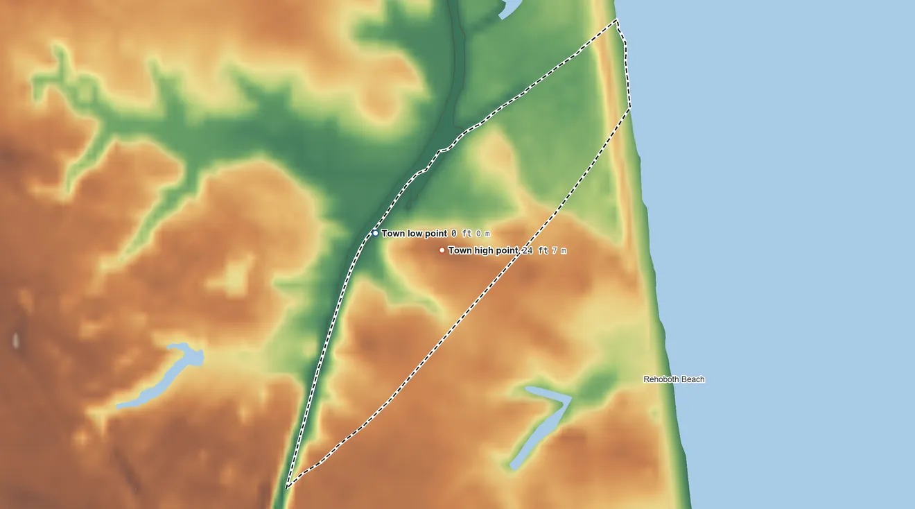 Topographic elevation map of Henlopen Acres, Delaware, shaded from sea level level on the Atlantic Ocean to 24 ft near the middle