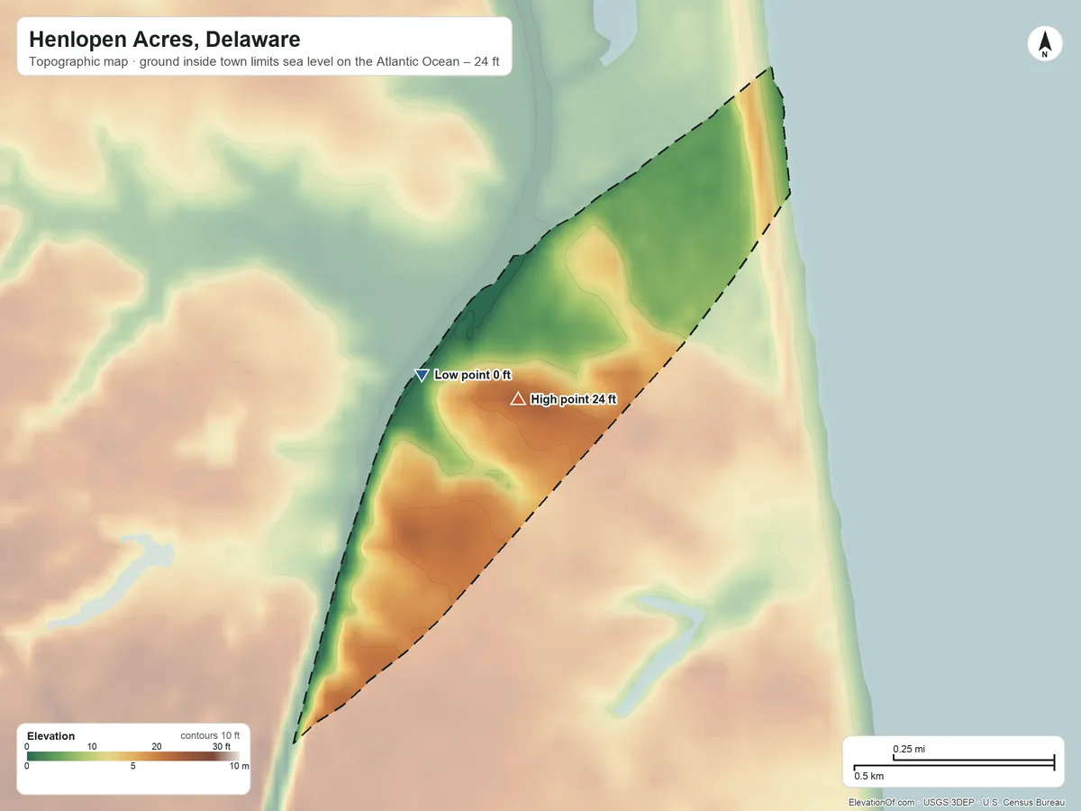 Topographic elevation map of Henlopen Acres, Delaware, shaded from sea level level on the Atlantic Ocean to 24 ft near the middle