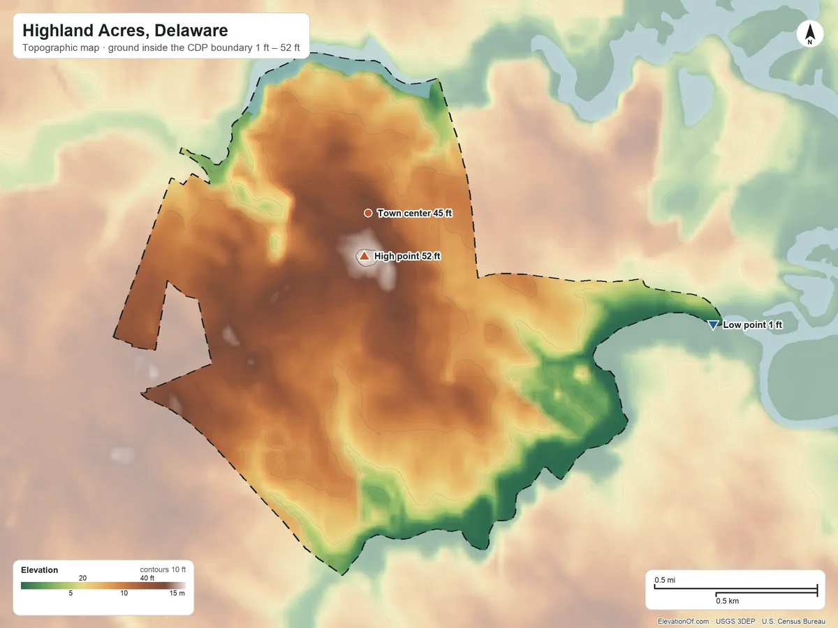 Topographic elevation map of Highland Acres, Delaware, shaded from 1 ft on the east side to 52 ft near the middle