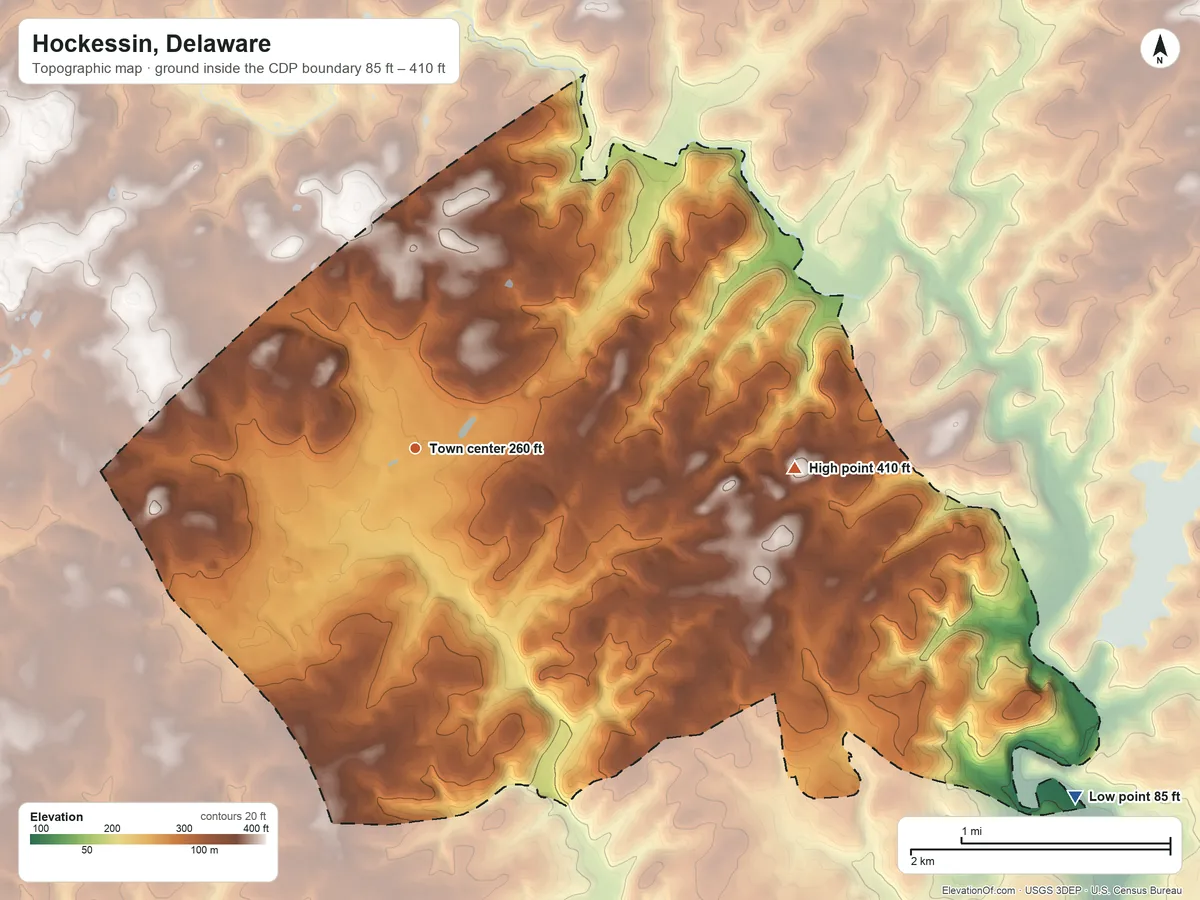 Topographic elevation map of Hockessin, Delaware, shaded from 85 ft on the southeast side to 410 ft on the east side