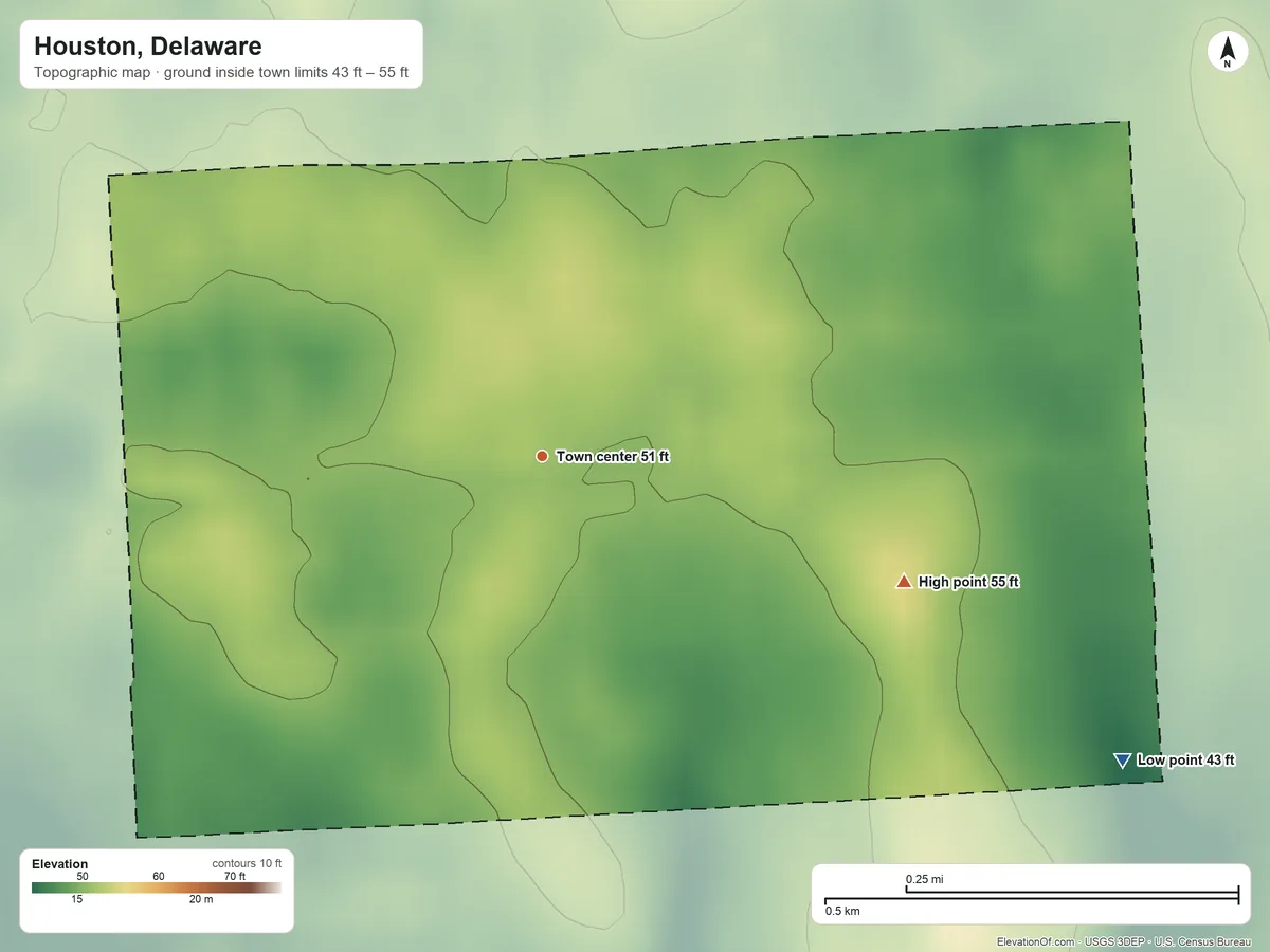Topographic elevation map of Houston, Delaware, shaded from 43 ft on the southeast side to 55 ft on the east side