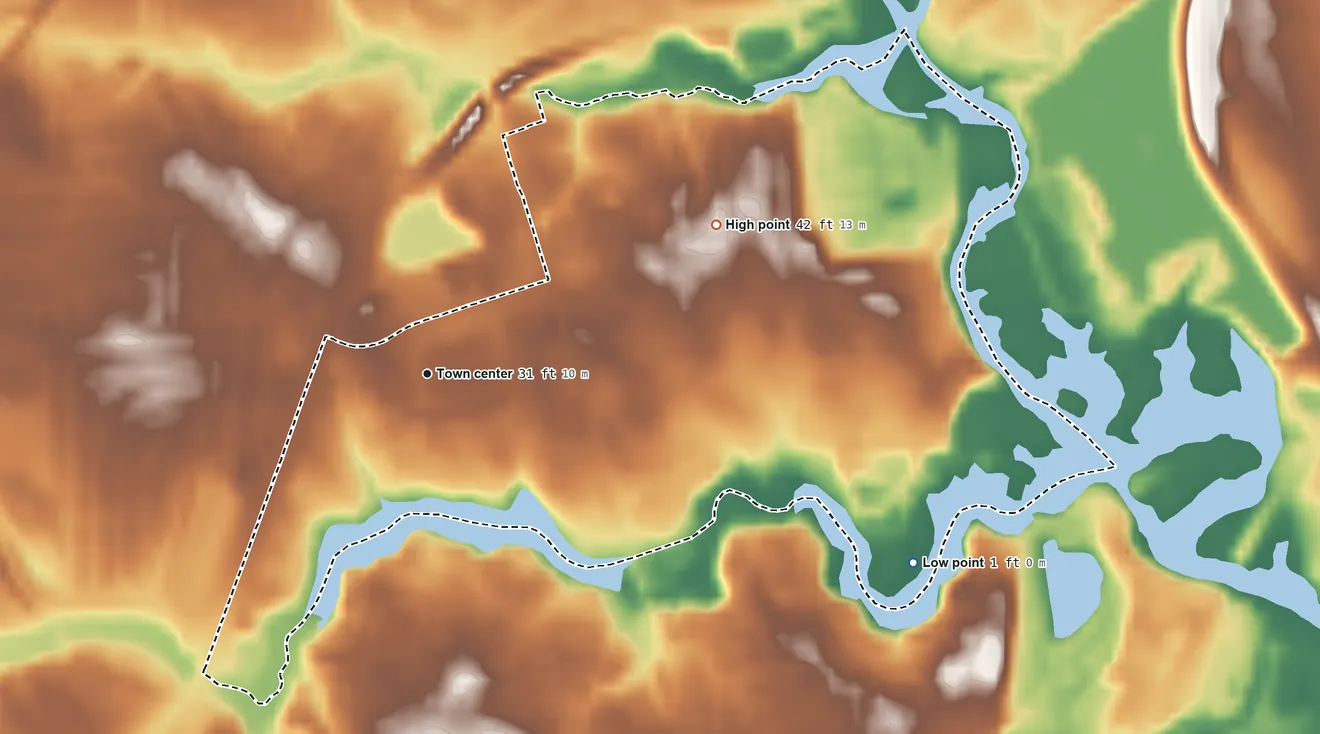 Topographic elevation map of Kent Acres, Delaware, shaded from 1 ft on the east side to 42 ft on the northeast side