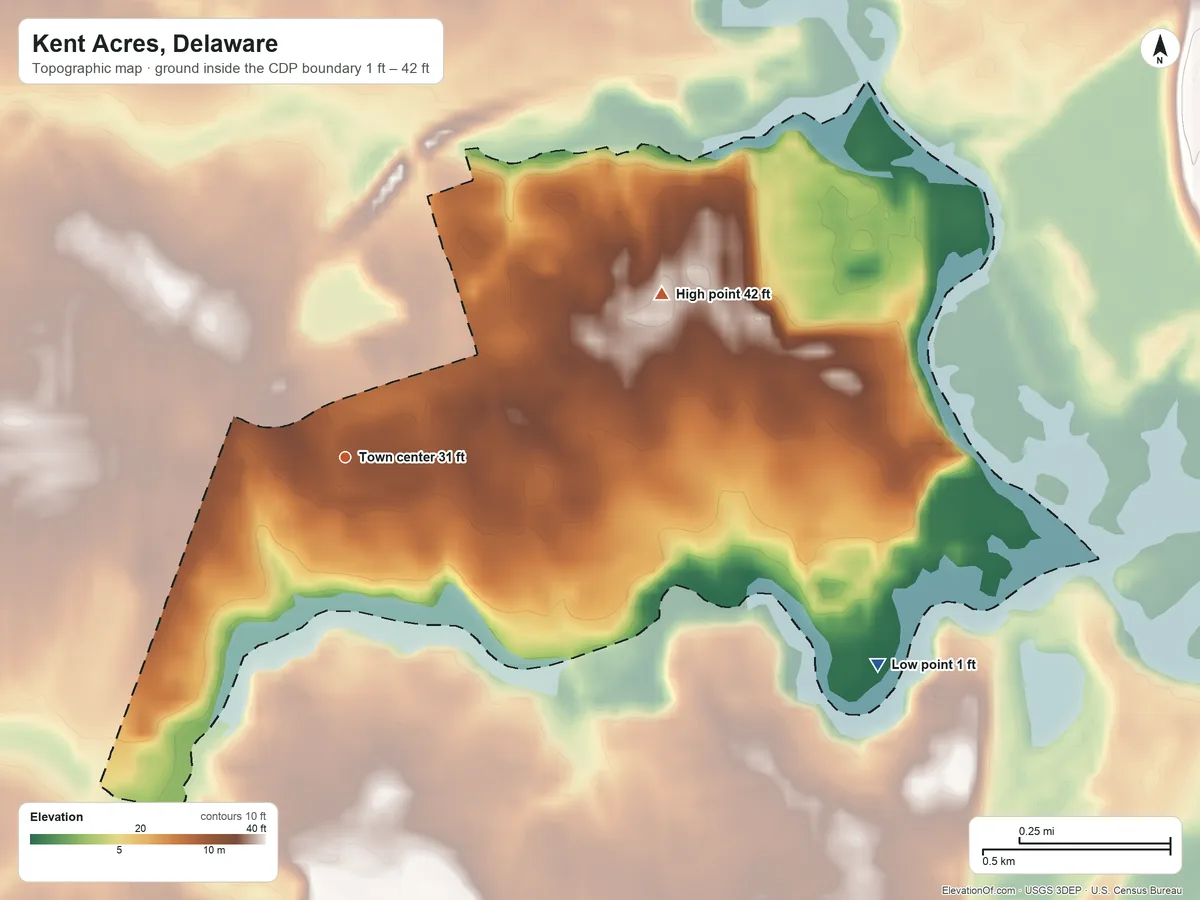 Topographic elevation map of Kent Acres, Delaware, shaded from 1 ft on the east side to 42 ft on the northeast side
