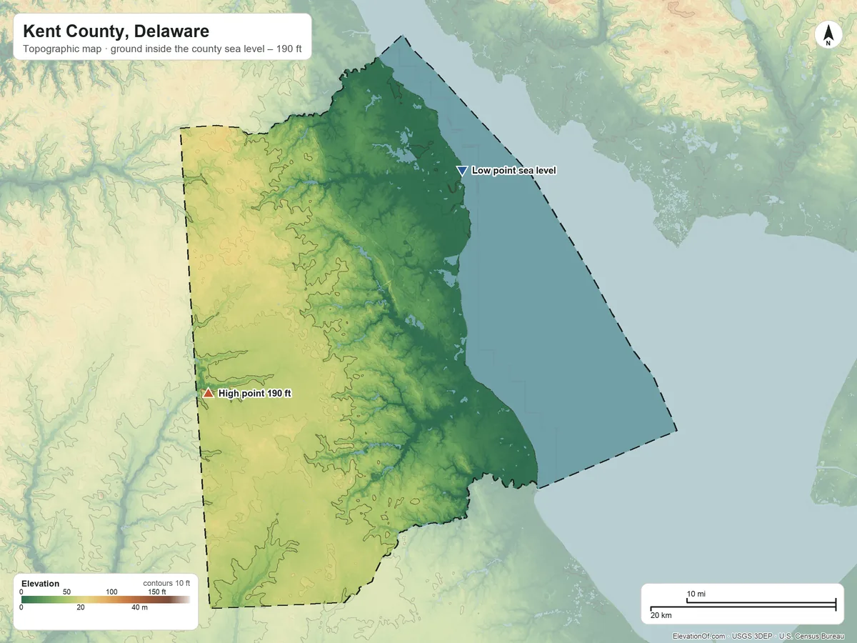 Topographic elevation map of Kent County, Delaware, shaded from sea level on Delaware Bay to 190 ft on the west side