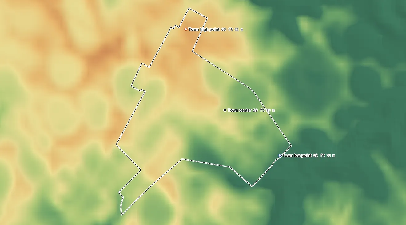 Topographic elevation map of Kenton, Delaware, shaded from 50 ft on the southeast side to 68 ft on the northwest side
