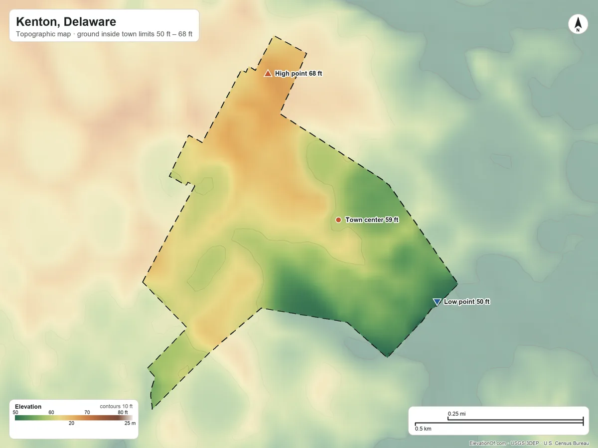 Topographic elevation map of Kenton, Delaware, shaded from 50 ft on the southeast side to 68 ft on the northwest side