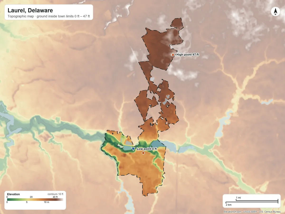 Topographic elevation map of Laurel, Delaware, shaded from 0 ft near the middle to 47 ft on the north side
