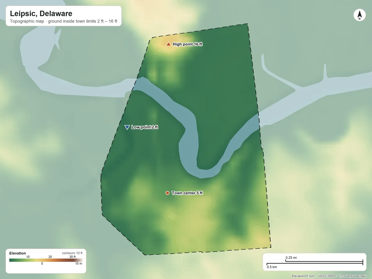 Topographic elevation map of Leipsic, Delaware, shaded from 2 ft on the northwest side to 16 ft on the north side