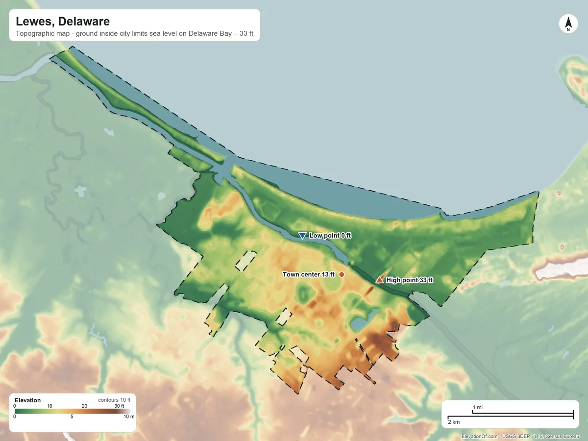 Topographic elevation map of Lewes, Delaware, shaded from sea level level on Delaware Bay to 33 ft near the middle