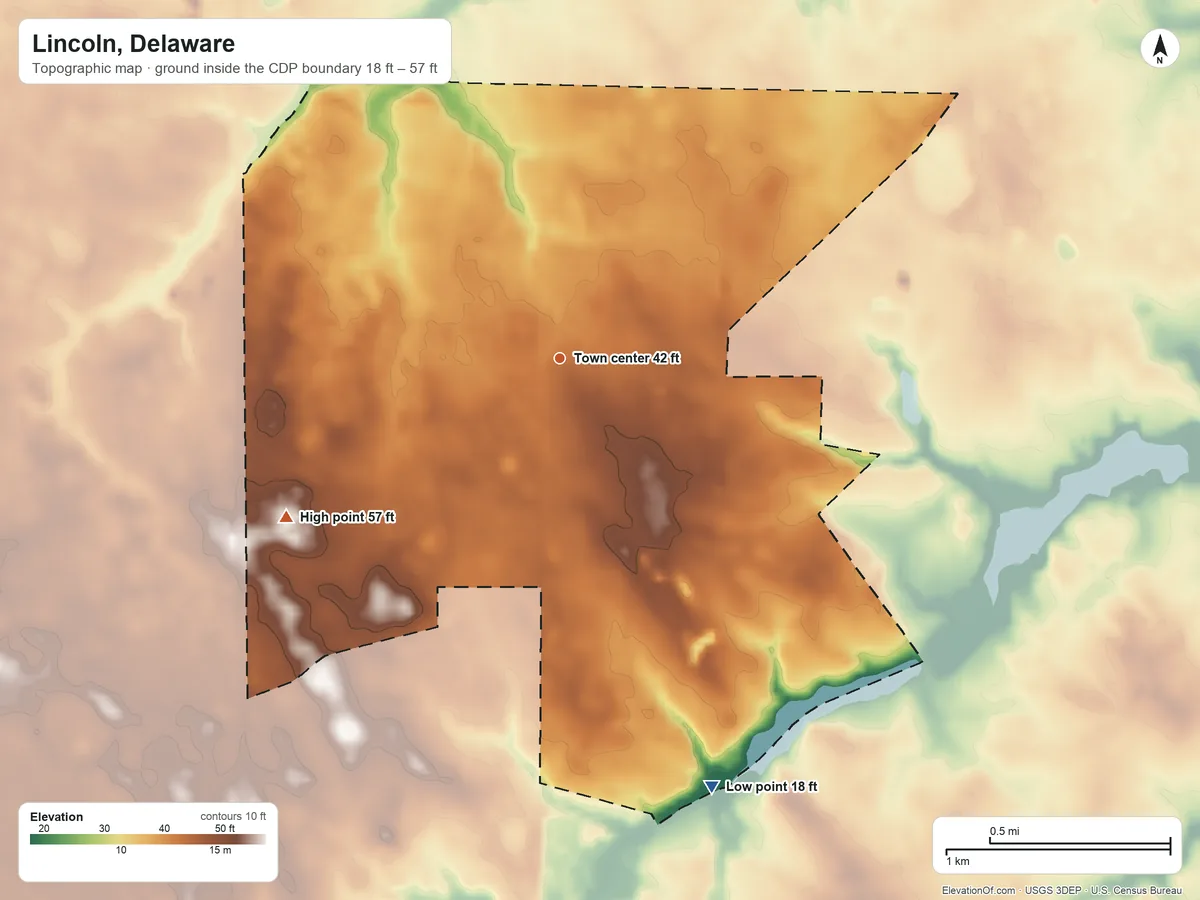 Topographic elevation map of Lincoln, Delaware, shaded from 18 ft on the south side to 57 ft on the southwest side