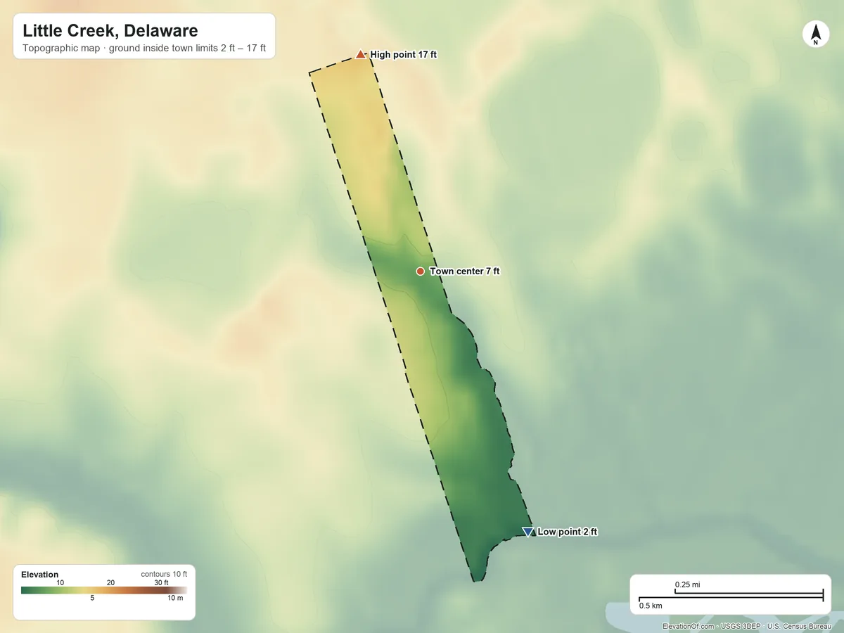 Topographic elevation map of Little Creek, Delaware, shaded from 2 ft on the south side to 17 ft on the north side