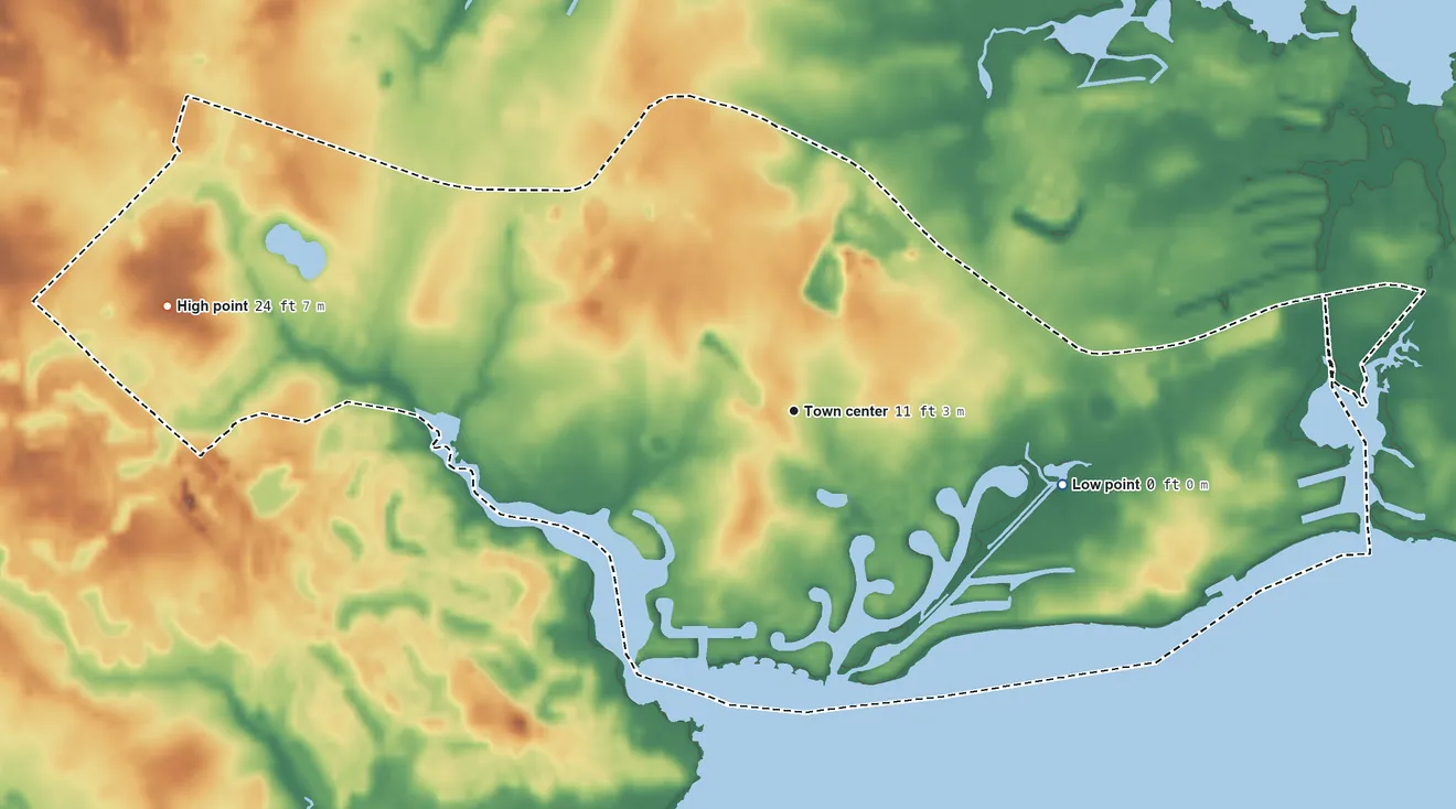 Topographic elevation map of Long Neck, Delaware, shaded from sea level level on Indian River Bay to 24 ft on the west side