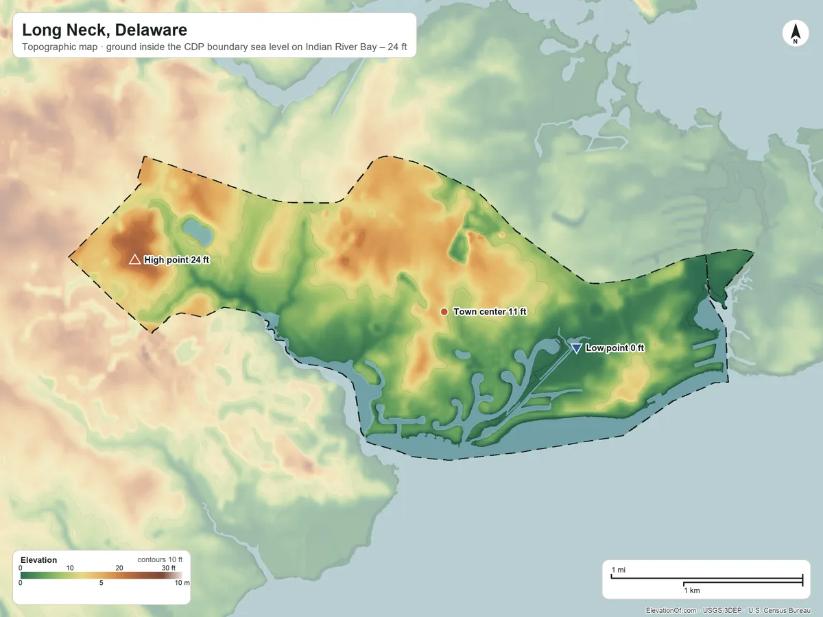 Topographic elevation map of Long Neck, Delaware, shaded from sea level level on Indian River Bay to 24 ft on the west side
