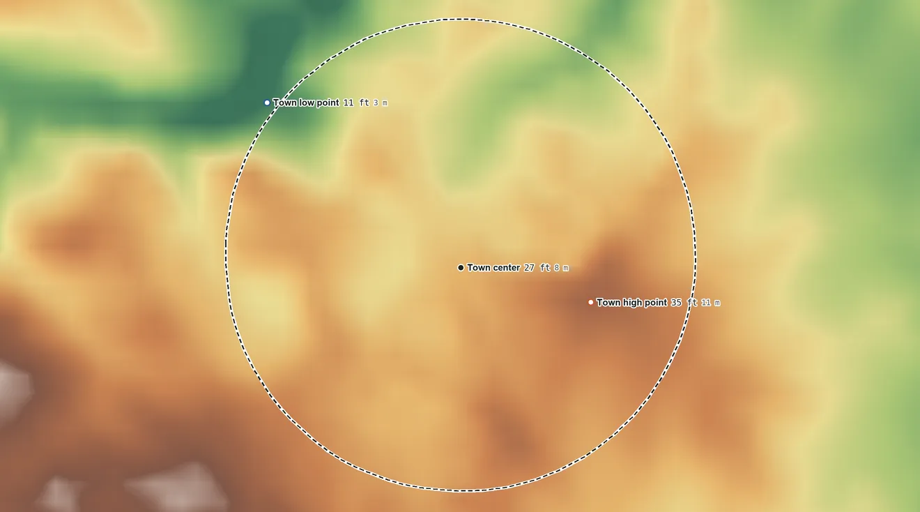 Topographic elevation map of Magnolia, Delaware, shaded from 11 ft on the northwest side to 35 ft on the east side