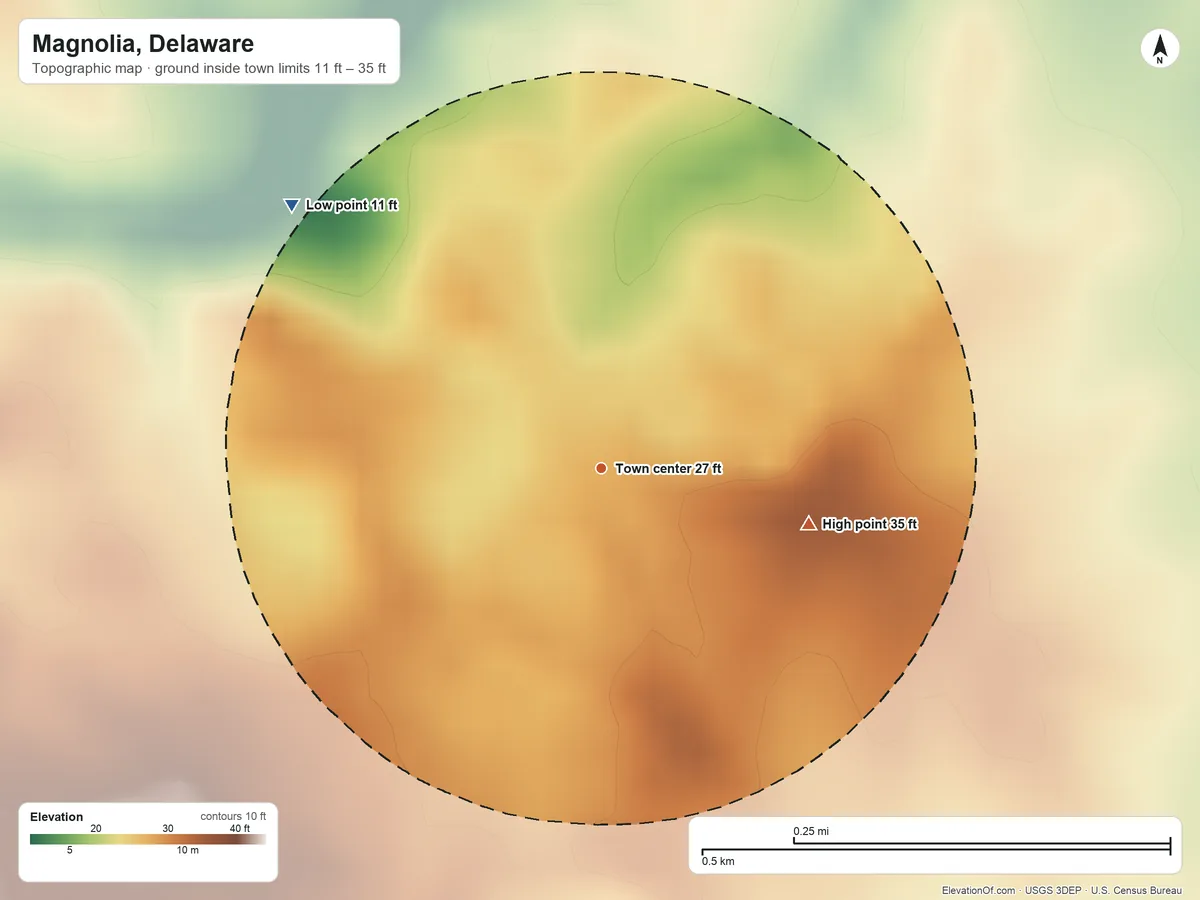 Topographic elevation map of Magnolia, Delaware, shaded from 11 ft on the northwest side to 35 ft on the east side