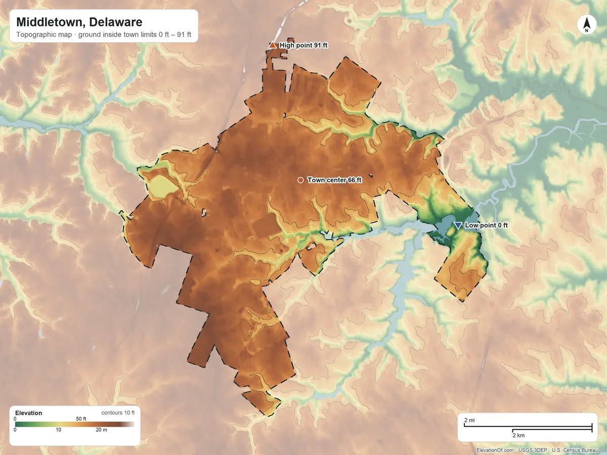Topographic elevation map of Middletown, Delaware, shaded from 0 ft on the east side to 91 ft on the north side