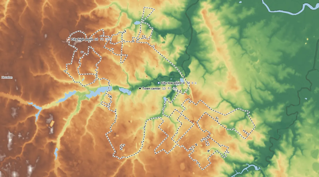 Topographic elevation map of Milford, Delaware, shaded from 0 ft near the middle to 60 ft on the northwest side