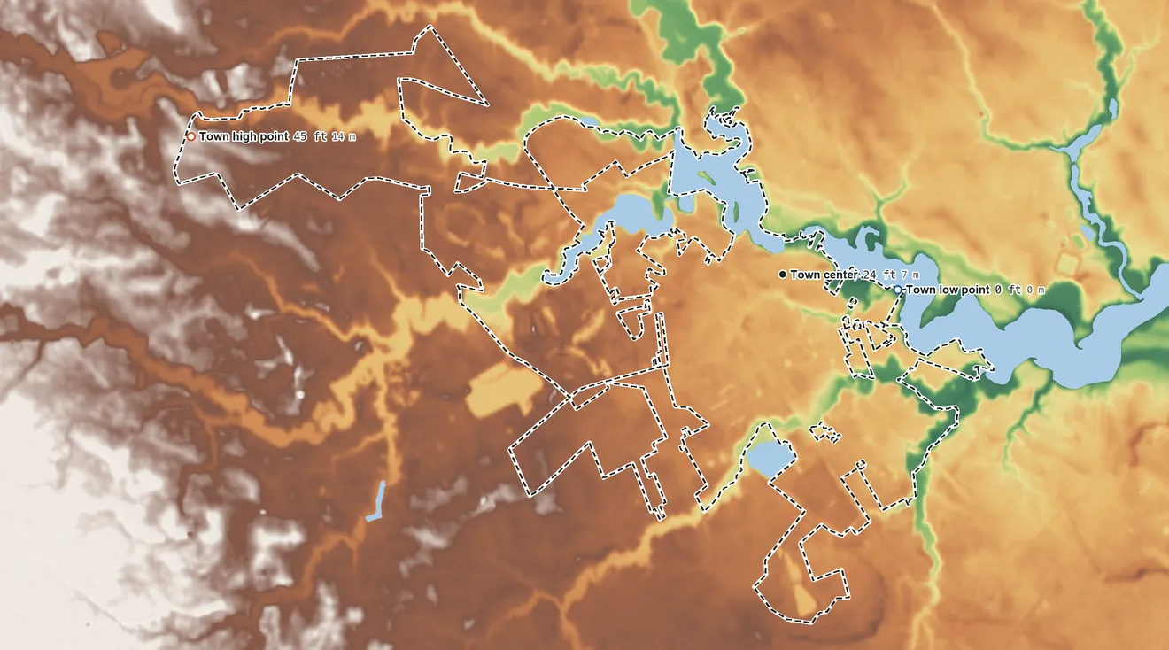 Topographic elevation map of Millsboro, Delaware, shaded from 0 ft on the east side to 45 ft on the west side