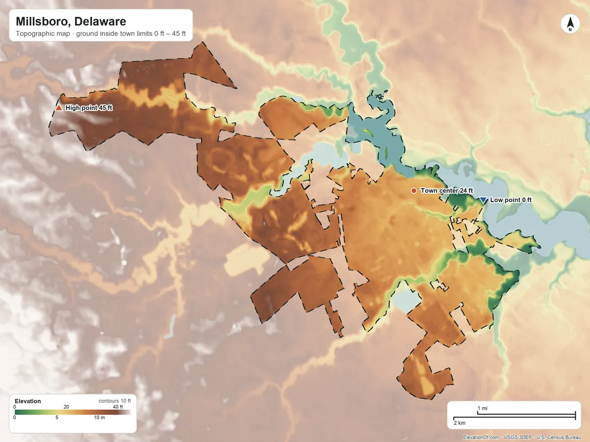 Topographic elevation map of Millsboro, Delaware, shaded from 0 ft on the east side to 45 ft on the west side