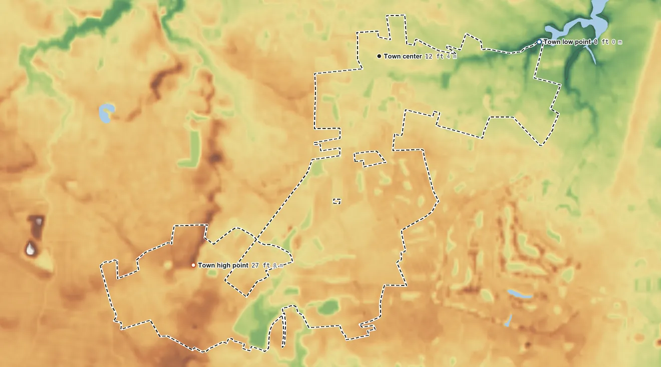 Topographic elevation map of Millville, Delaware, shaded from 0 ft on the east side to 27 ft on the southwest side