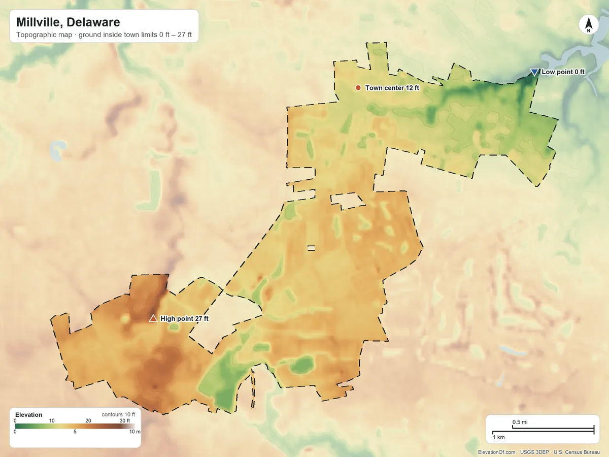 Topographic elevation map of Millville, Delaware, shaded from 0 ft on the east side to 27 ft on the southwest side
