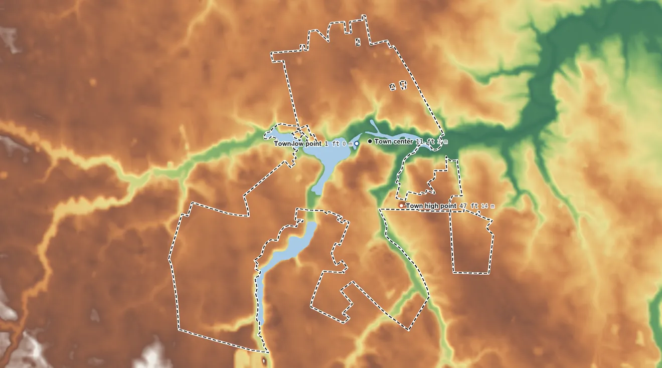 Topographic elevation map of Milton, Delaware, shaded from 1 ft near the middle to 47 ft on the southeast side