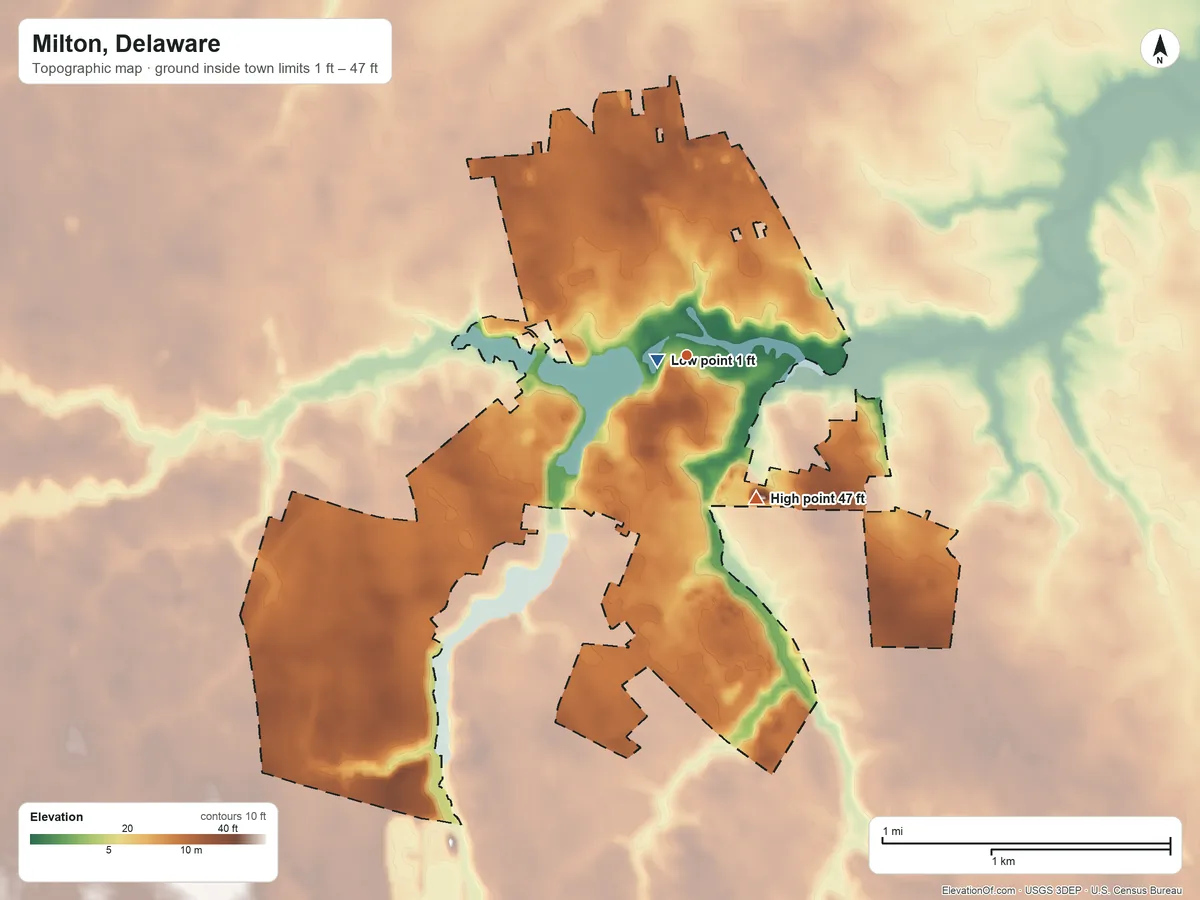 Topographic elevation map of Milton, Delaware, shaded from 1 ft near the middle to 47 ft on the southeast side
