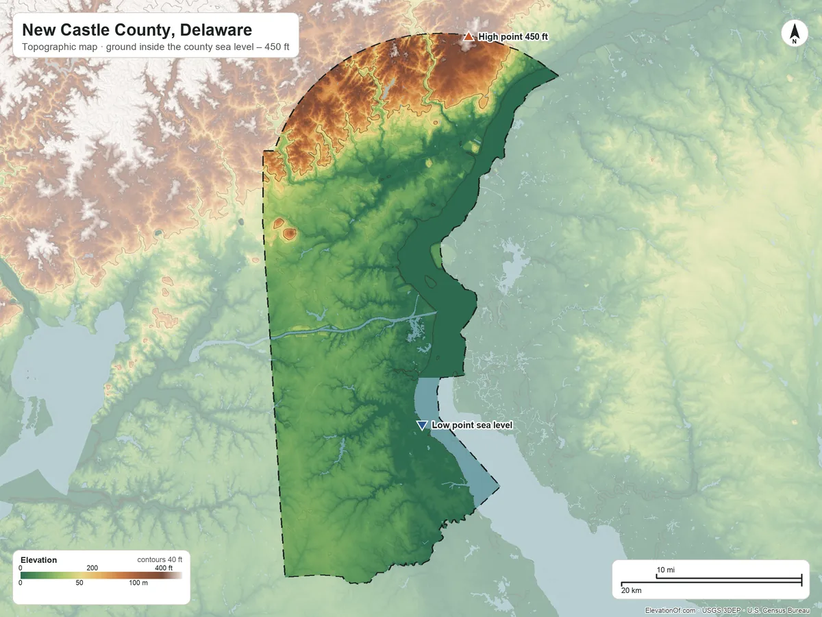 Topographic elevation map of New Castle County, Delaware, shaded from sea level on Delaware Bay to 450 ft on the north side