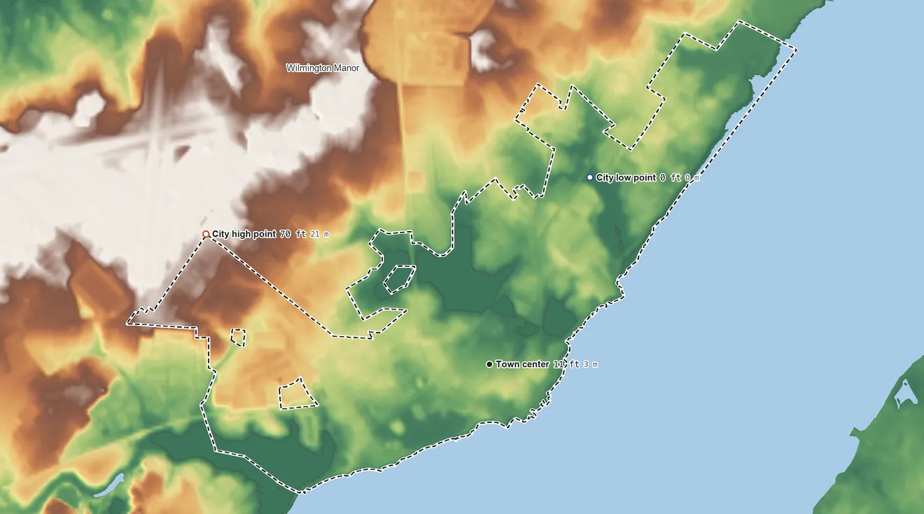 Topographic elevation map of New Castle, Delaware, shaded from 0 ft on the northeast side to 70 ft on the northwest side