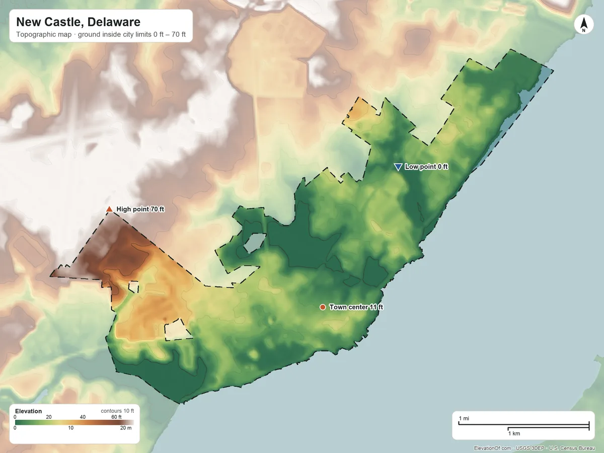 Topographic elevation map of New Castle, Delaware, shaded from 0 ft on the northeast side to 70 ft on the northwest side