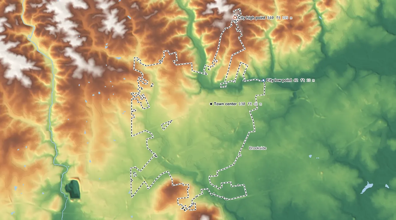 Topographic elevation map of Newark, Delaware, shaded from 42 ft on the northeast side to 340 ft on the north side
