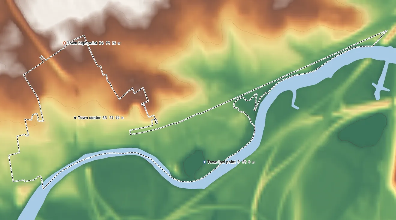 Topographic elevation map of Newport, Delaware, shaded from 0 ft on the east side to 84 ft on the north side