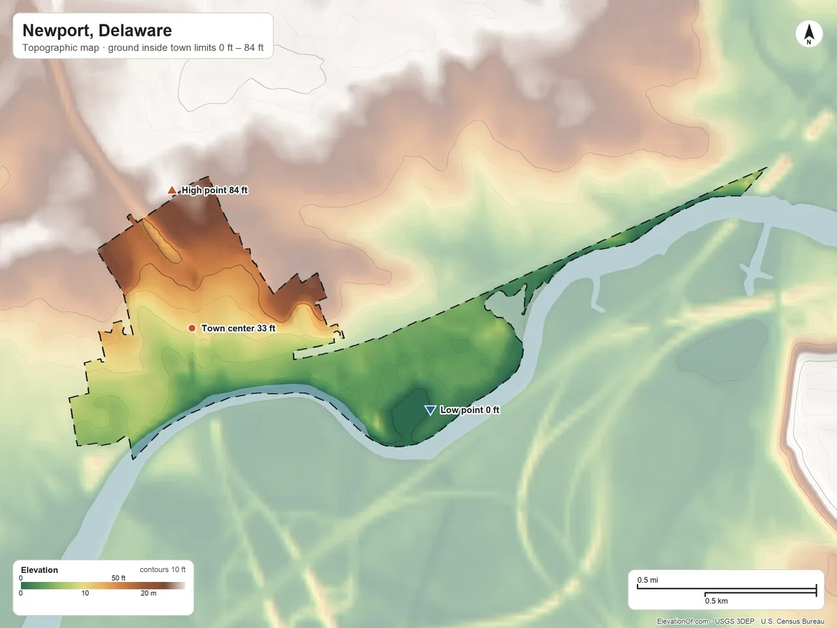Topographic elevation map of Newport, Delaware, shaded from 0 ft on the east side to 84 ft on the north side