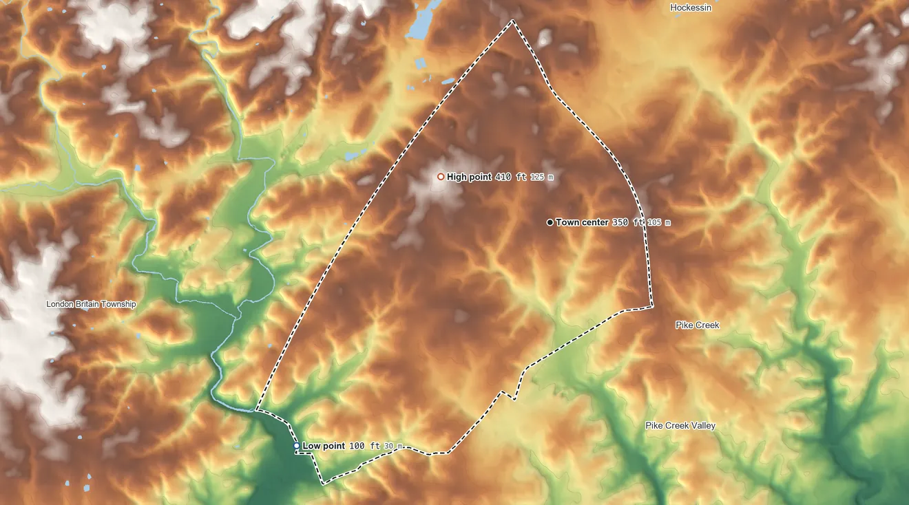 Topographic elevation map of North Star, Delaware, shaded from 100 ft on the southwest side to 410 ft on the northwest side