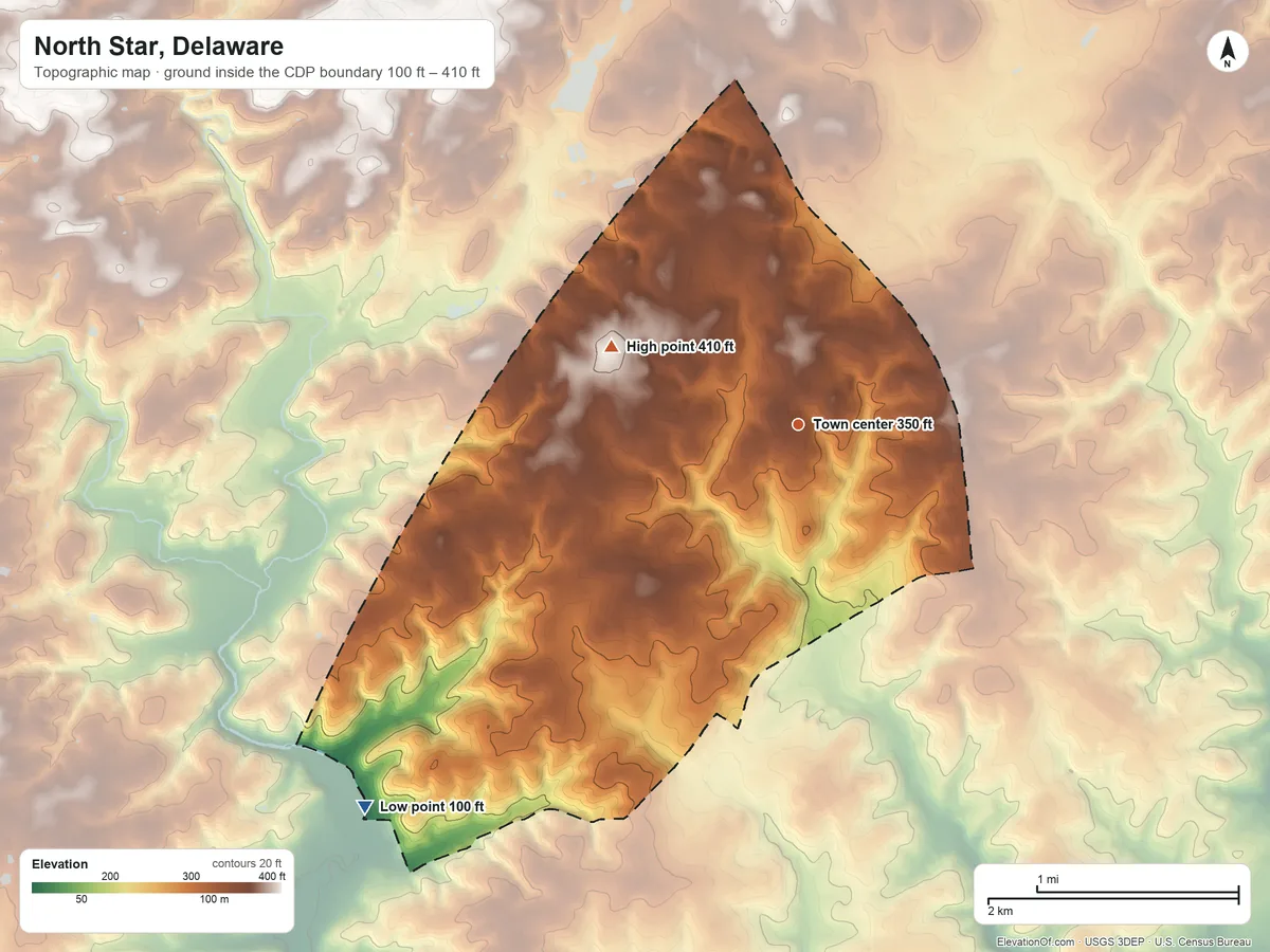 Topographic elevation map of North Star, Delaware, shaded from 100 ft on the southwest side to 410 ft on the northwest side