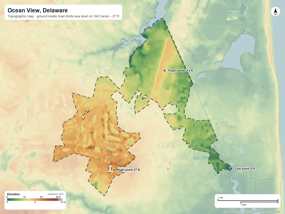 Topographic elevation map of Ocean View, Delaware, shaded from sea level level on Old Canal to 27 ft on the southwest side