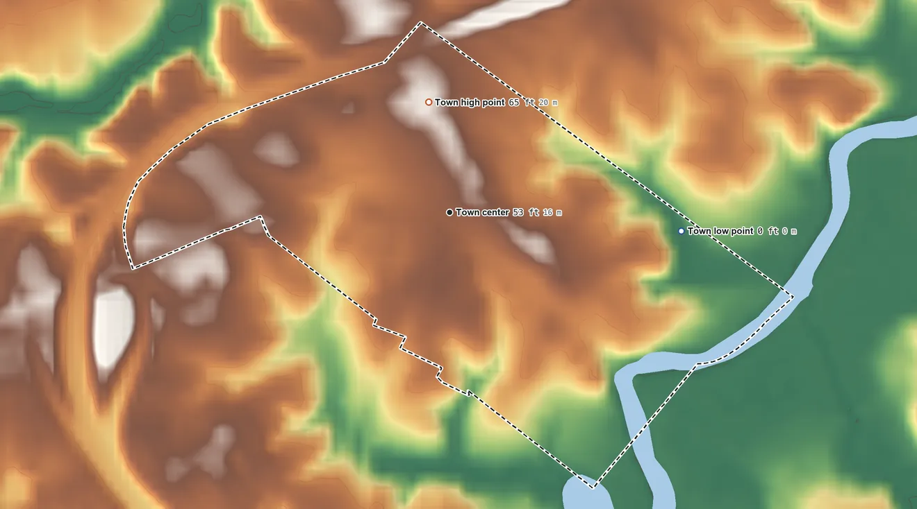 Topographic elevation map of Odessa, Delaware, shaded from 0 ft on the east side to 65 ft on the north side