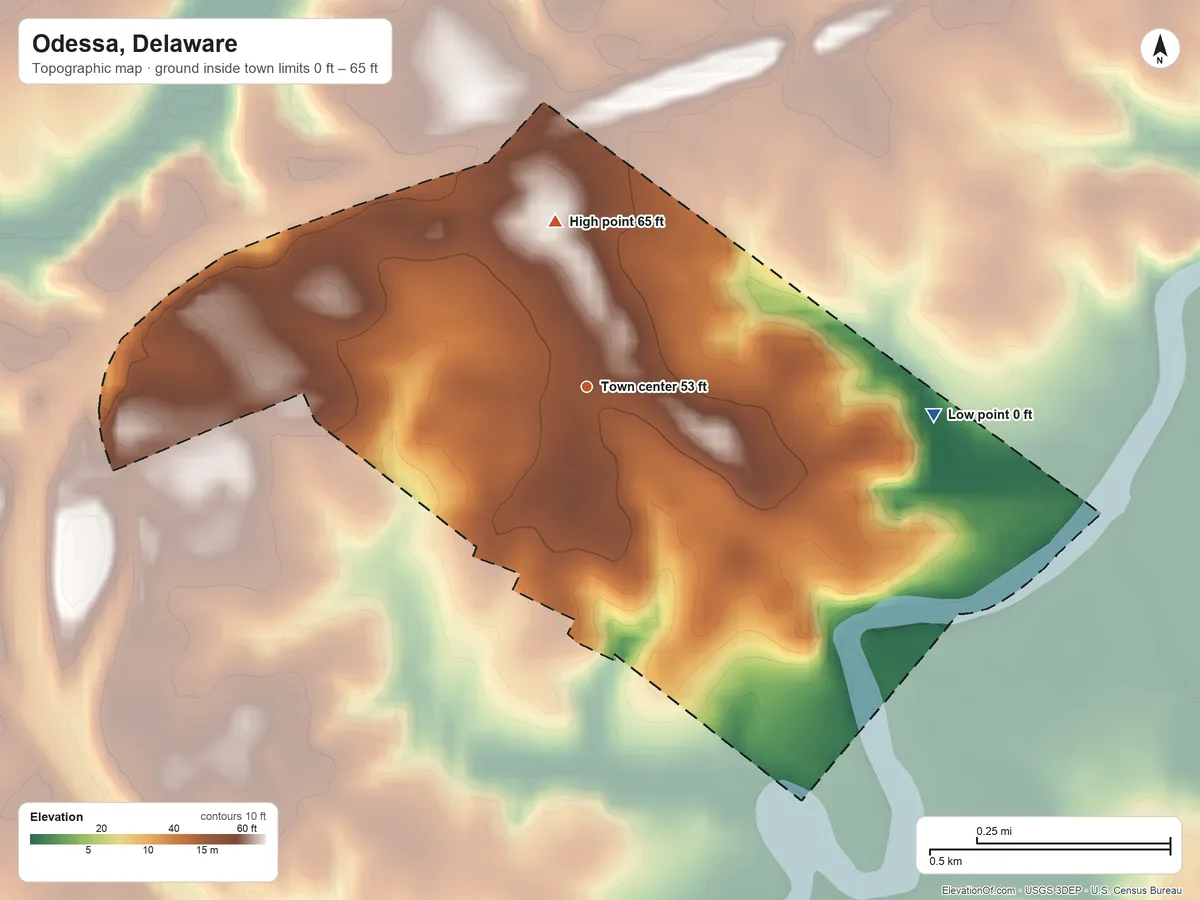 Topographic elevation map of Odessa, Delaware, shaded from 0 ft on the east side to 65 ft on the north side