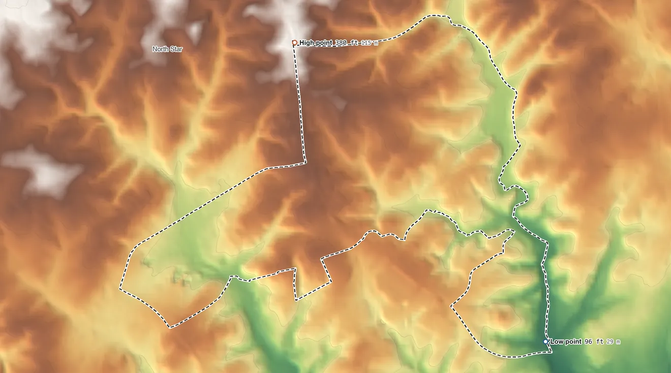 Topographic elevation map of Pike Creek, Delaware, shaded from 96 ft on the southeast side to 380 ft on the northwest side