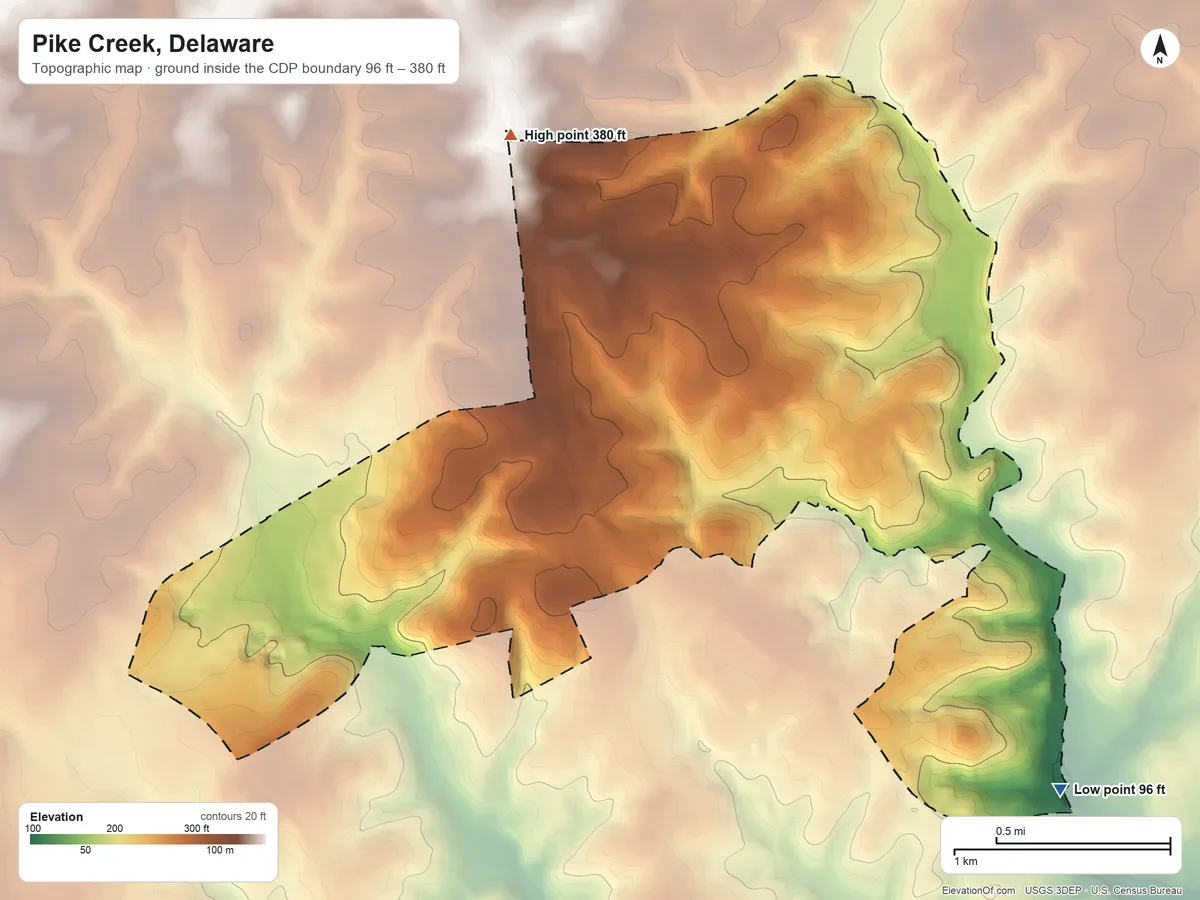 Topographic elevation map of Pike Creek, Delaware, shaded from 96 ft on the southeast side to 380 ft on the northwest side