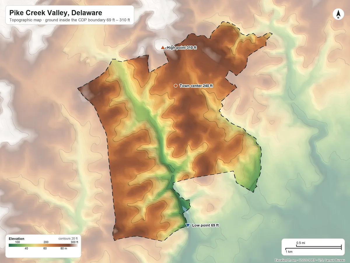 Topographic elevation map of Pike Creek Valley, Delaware, shaded from 69 ft on the south side to 310 ft on the north side