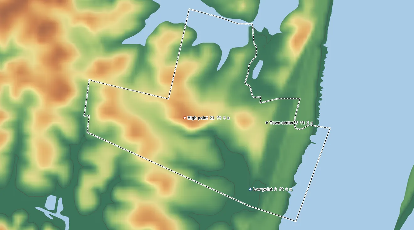 Topographic elevation map of Port Penn, Delaware, shaded from 0 ft on the south side to 21 ft on the west side