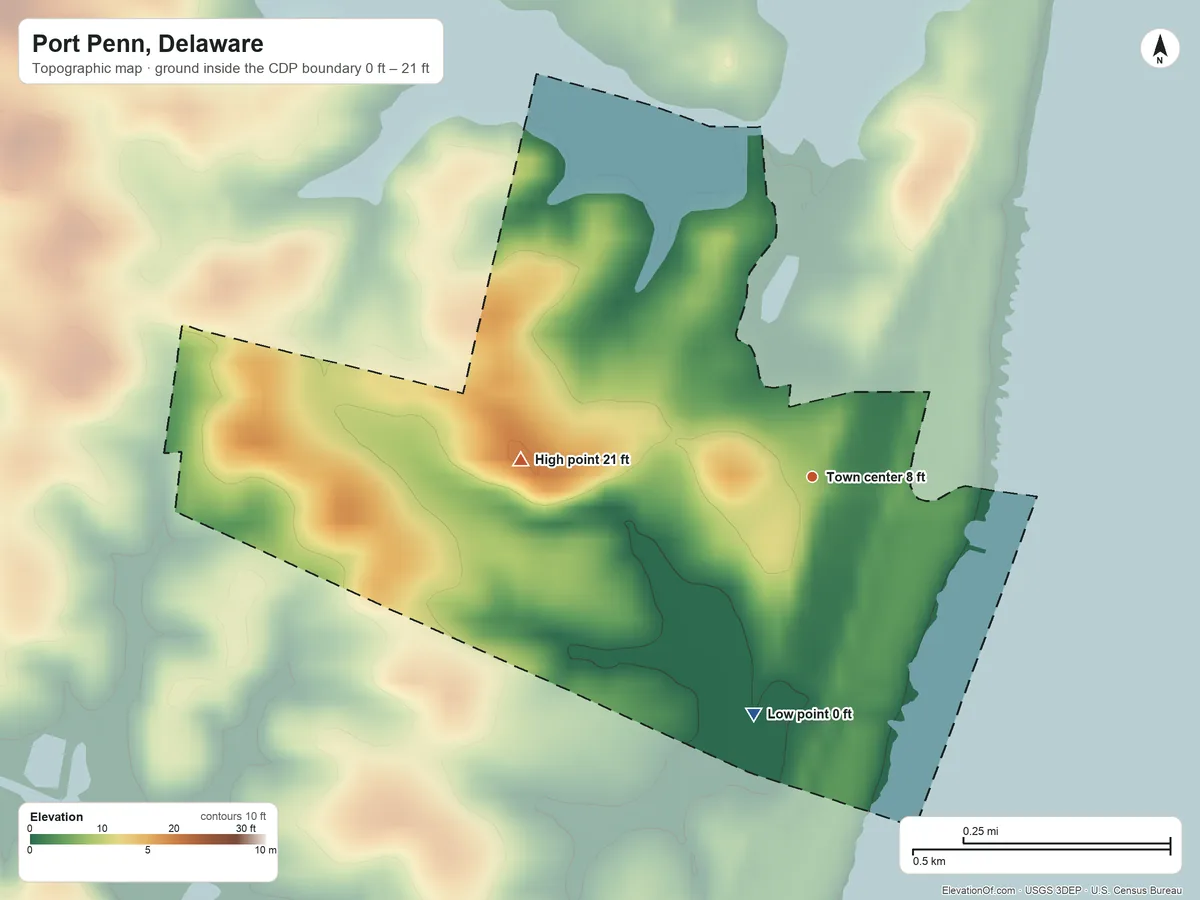 Topographic elevation map of Port Penn, Delaware, shaded from 0 ft on the south side to 21 ft on the west side