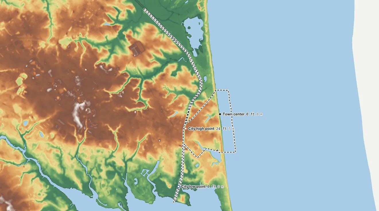 Topographic elevation map of Rehoboth Beach, Delaware, shaded from sea level level on Stockley Creek to 24 ft on the southwest side