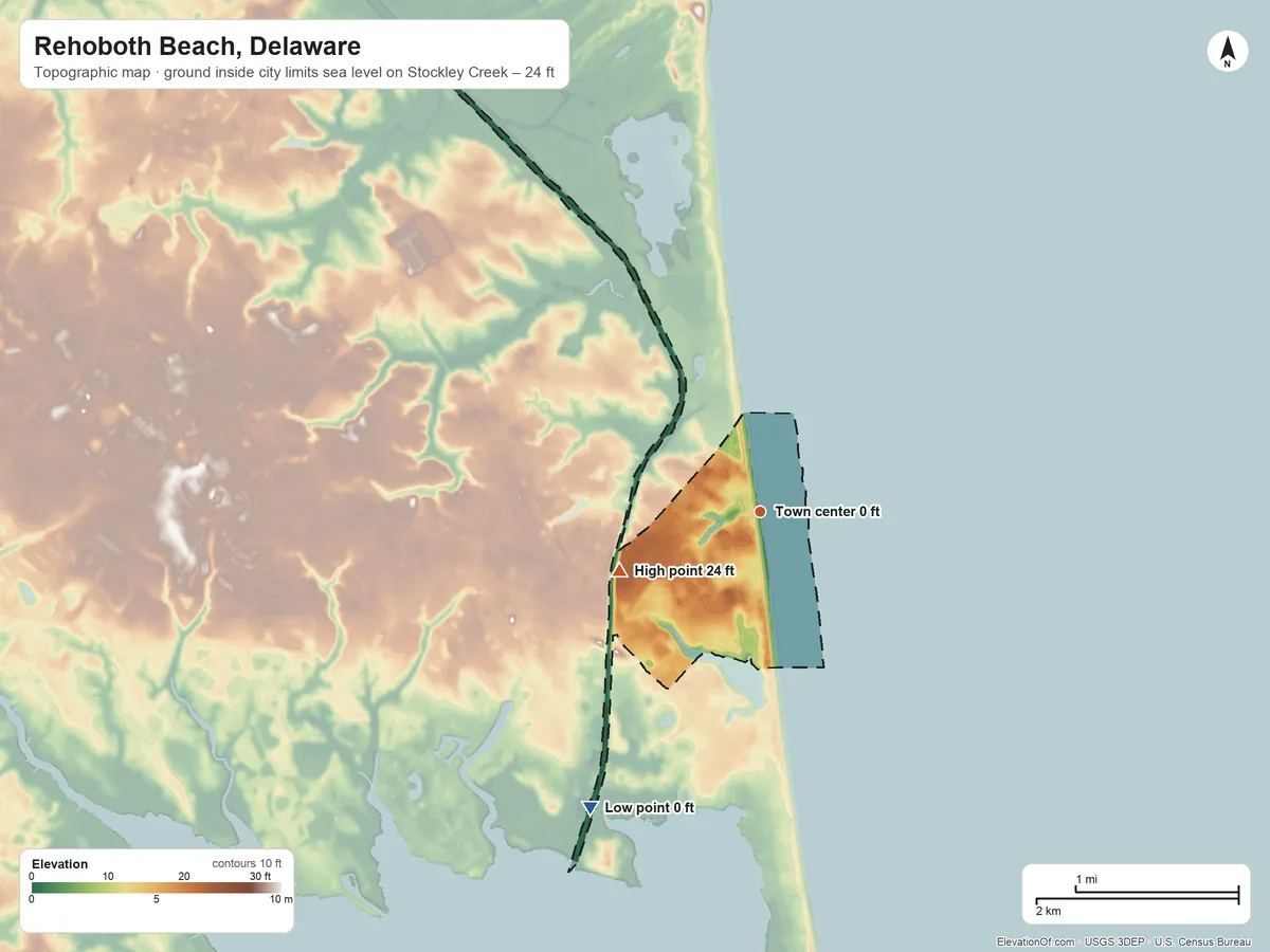 Topographic elevation map of Rehoboth Beach, Delaware, shaded from sea level level on Stockley Creek to 24 ft on the southwest side