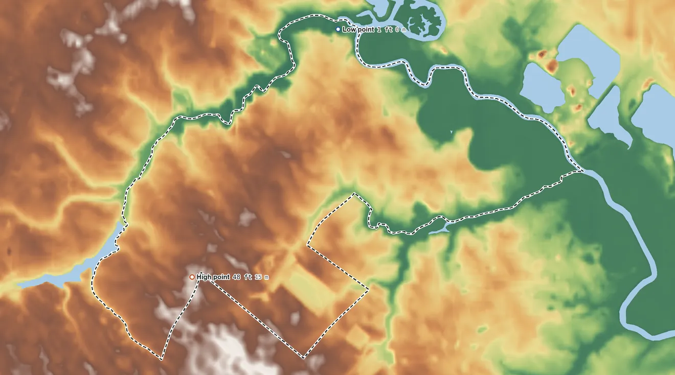 Topographic elevation map of Rising Sun-Lebanon, Delaware, shaded from 1 ft on the north side to 48 ft on the southwest side