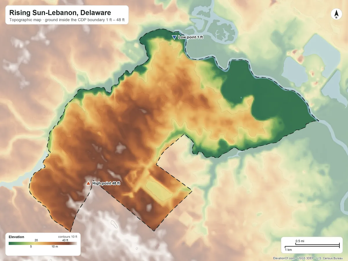 Topographic elevation map of Rising Sun-Lebanon, Delaware, shaded from 1 ft on the north side to 48 ft on the southwest side