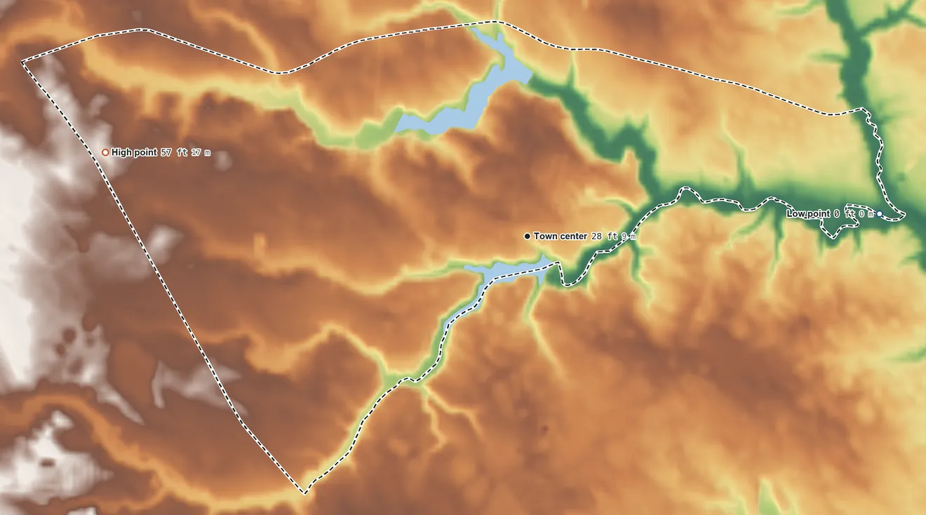 Topographic elevation map of Riverview, Delaware, shaded from 0 ft on the east side to 57 ft on the west side